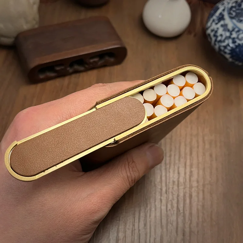 

Cowhide Brass Cigarette Case Slide Cover 20 Thick Classic Men's Pressure Moisture Proof Cigarette Case Brown Simple