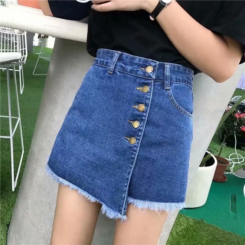 Summer Women's Jeans Skirt Shorts High Waist Irregular Shorts Skirts Fashion Raw Edge Fake 2 Piece Wide Leg Skirt Denim Shorts