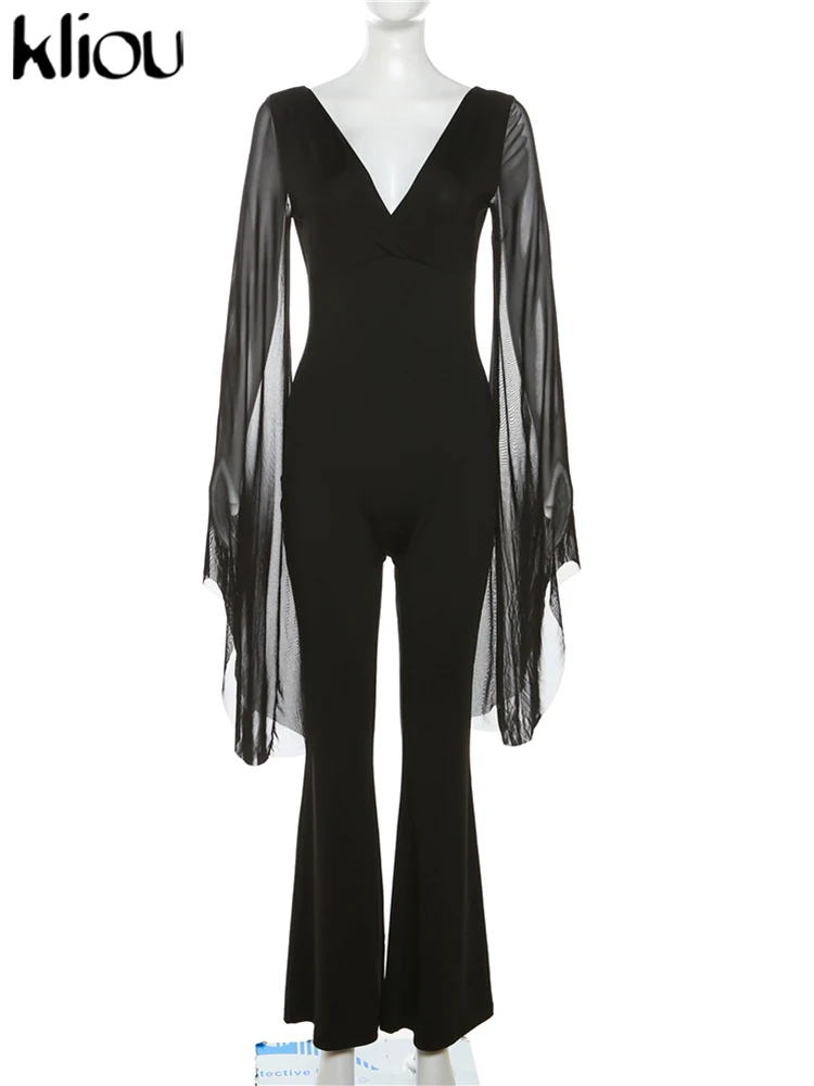 Женский сетчатый комбинезон длиной до щиколотки с V-образным вырезом