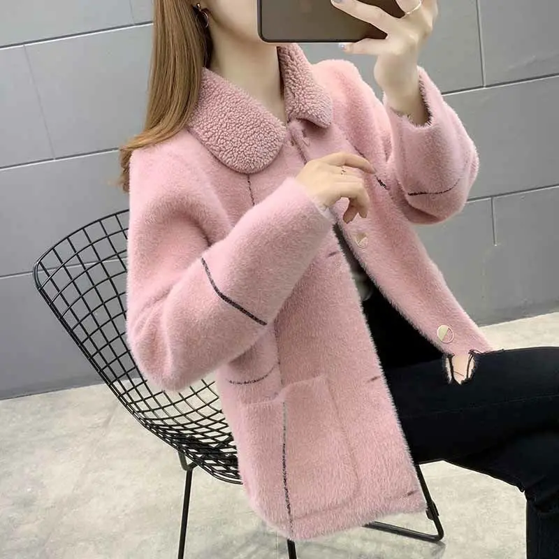 

Jacket Women Knitted Cardigan Coat Loose Plush Imitation Fur Female Turn-down Collar Femme Long Sleeve Loose Wool Coats G140