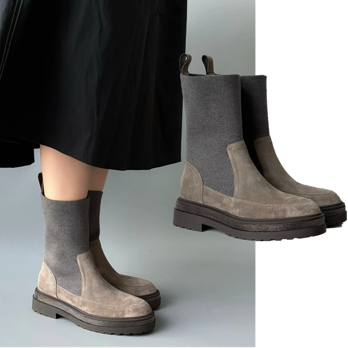 Maxdutti/осенне-зимние винтажные замшевые сапоги челси из шерсти с толстой подошвой 5