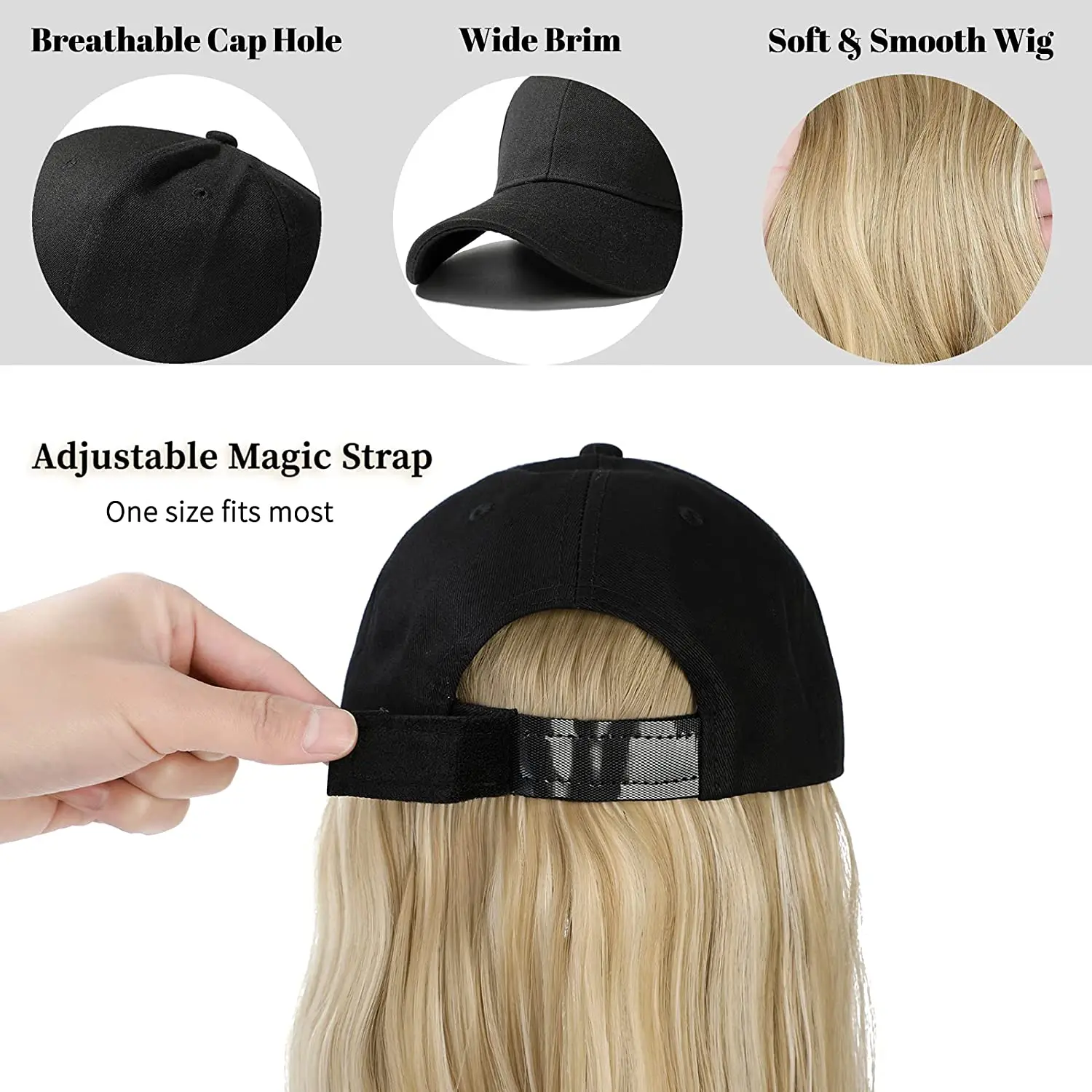 SHANGZI Long Wavy Synthetic Baseball white Cap whit Hair Wig Natural wigs Removable Naturally Synthetic Hat Wig For Girl
