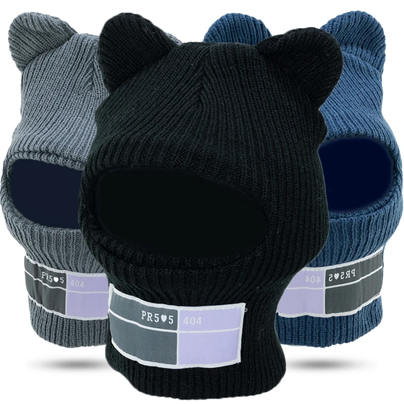 

Winter Balaclava Hat Knitted Full Face Cover Cycling Windproof Hats Cute Bear Black Knit Wool Mask Ski Cap Hip Hop Beanie Caps