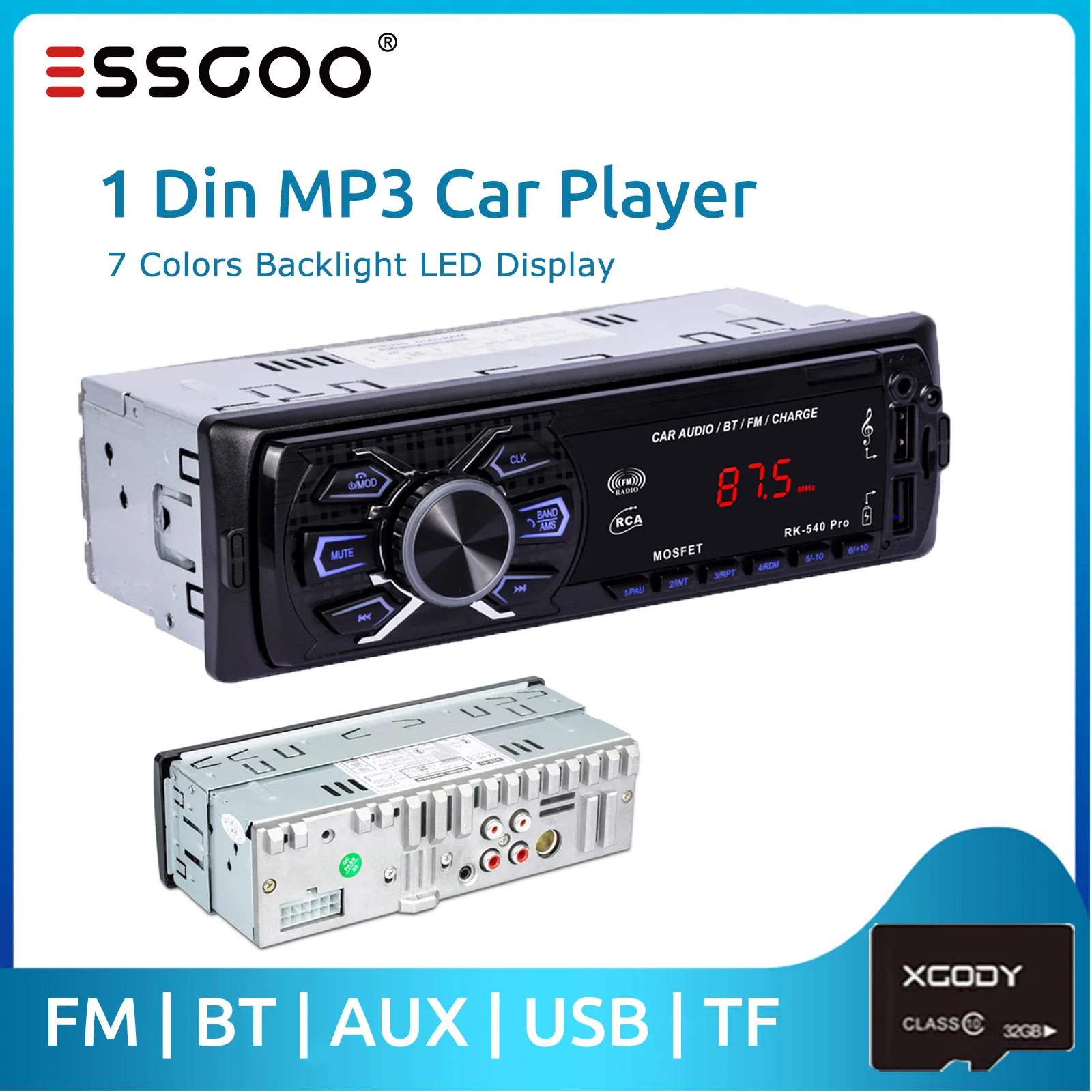 Автомобильный MP3-плеер ESSGOO, стерео-система с Bluetooth, USB, с цифровым дисплеем, Типоразмер 1 Din