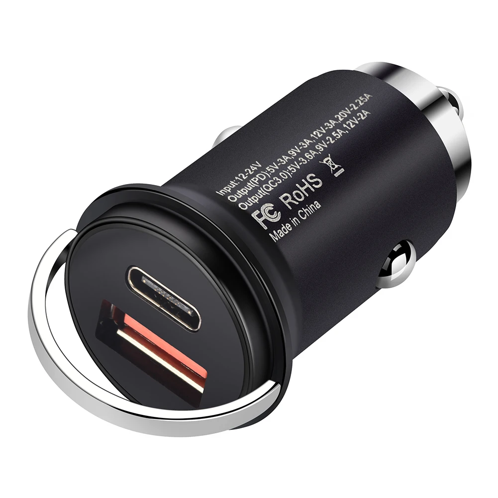 

Electronic Car Charger 20V-2.25A 5V-15V/3A Black Hard Plastic+Metal Mini Thumb-sized Body PD+QC3.0 Tool Universal