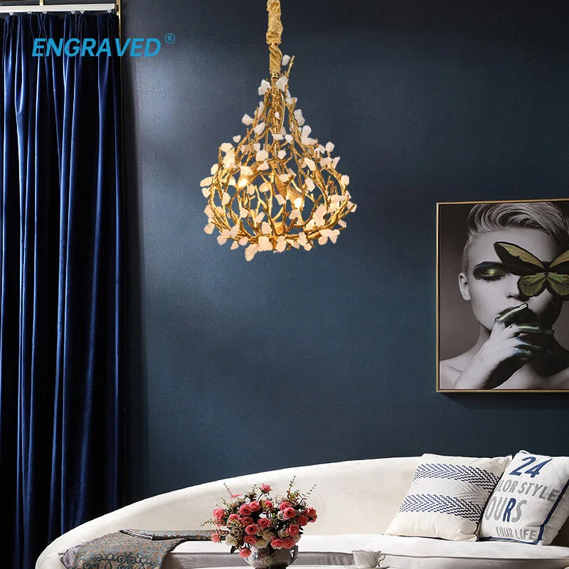 

Creative Tree Branches Chandelier for Living Room Bedroom Dining Table Copper Stone Ball Pendant Lamp Indoor Decoration Lighting
