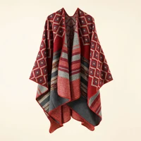 2022 autumn winter new geometric stripe pattern imitation cashmere warm casual women shawl poncho capes lady coat red