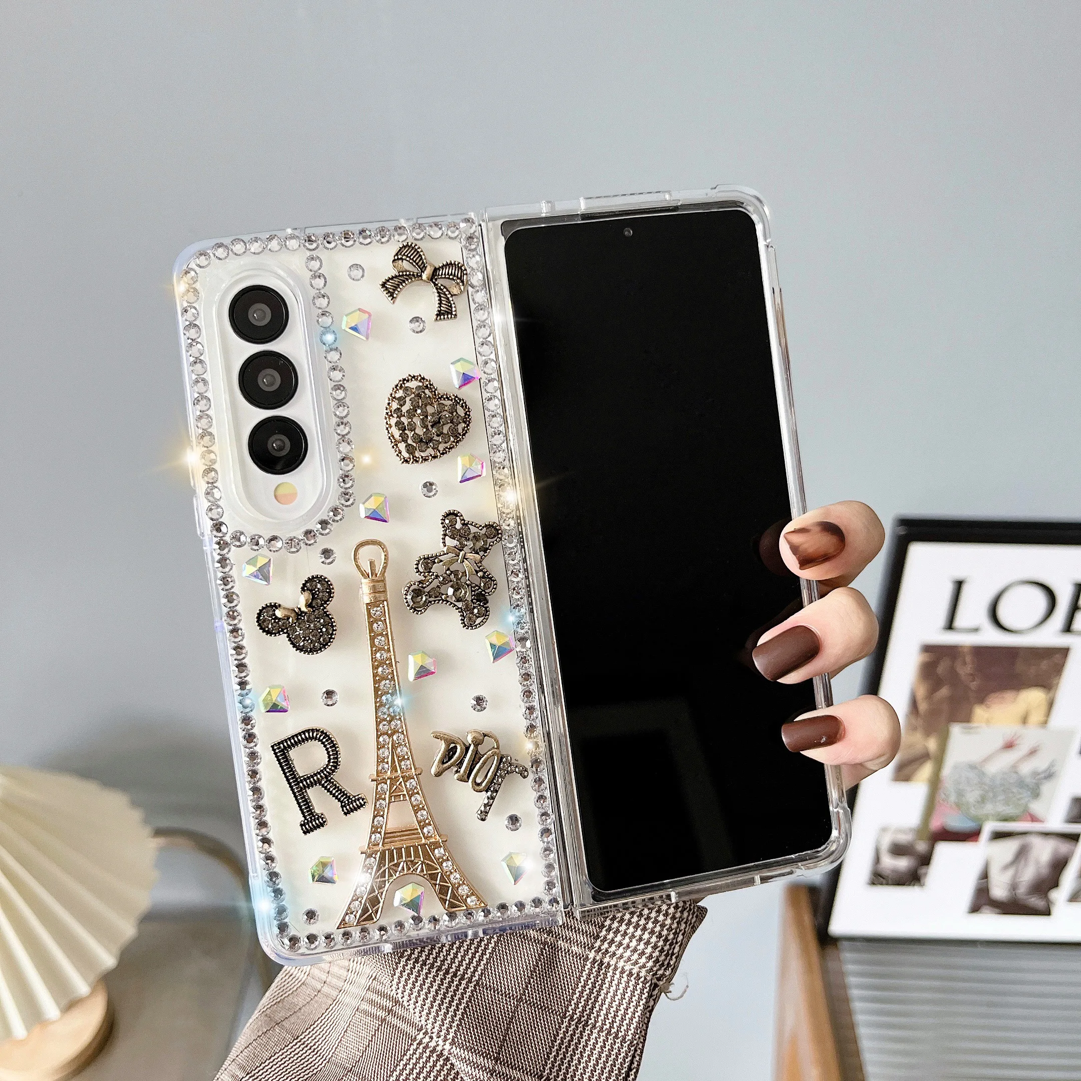 

Прозрачный Роскошный чехол с алмазной инкрустацией для Samsung Galaxy ZFold4 Z Fold3 ультратонкий ударопрочный чехол с жемчужной цепочкой Fold2