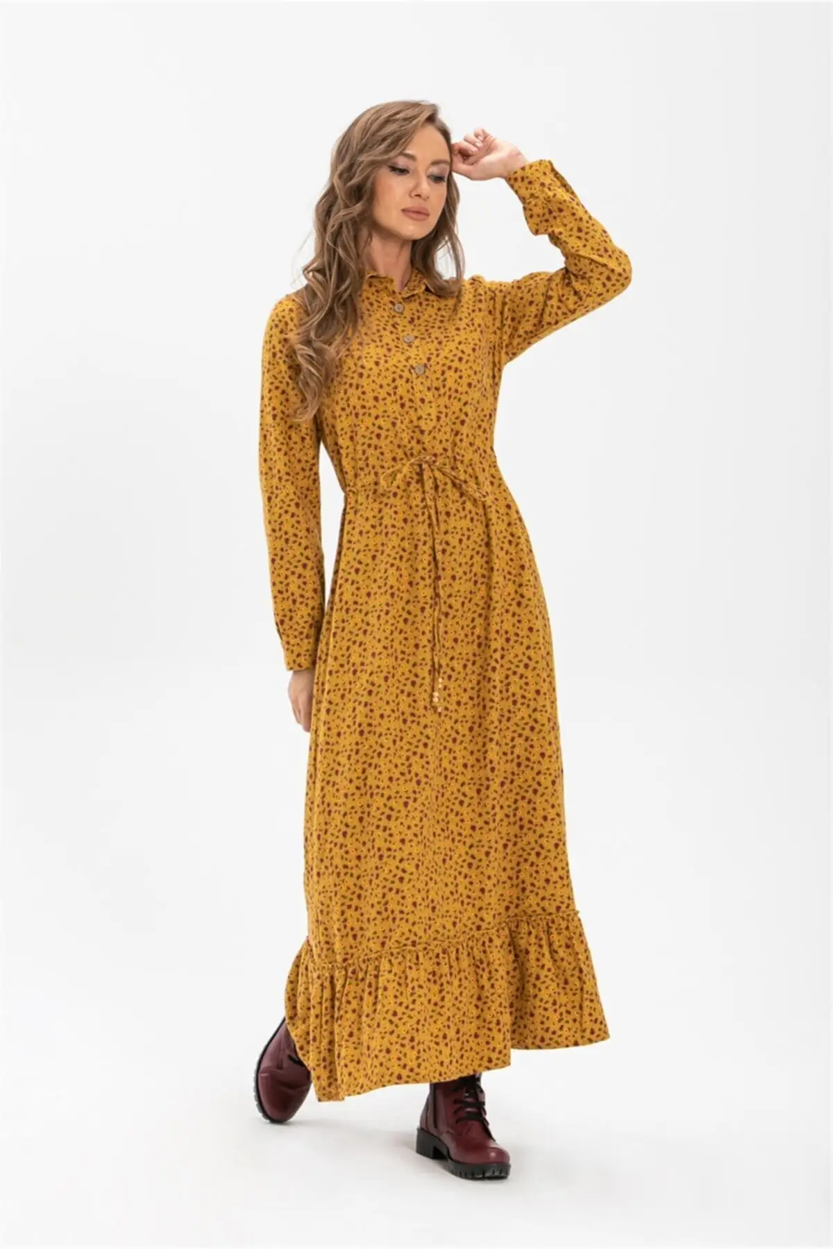 

Rose 100% Organic English Cotton Cloth Vintage Ethnic Bohemian Long Dress Crispy Pattern Mustard