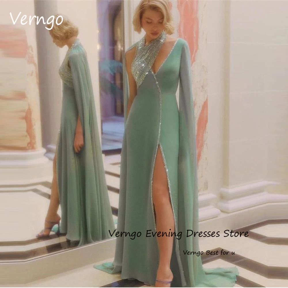 

Verngo 2023 Sparkly Sage Green Mermaid Long Evening Dresses Shiny Sequin Slit Dubai Arabic Prom Gowns Formal Occasion Dress