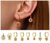 925 sterling silver ear needle hoop earrings for women heart squareround pave colorful crystal pendant earrings trendy jewelry