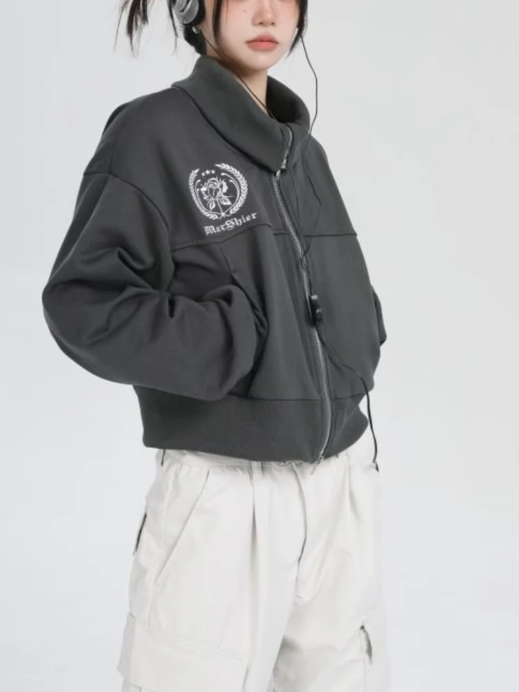 

Укороченная куртка женская в Корейском стиле, модная повседневная Уличная одежда в стиле панк, винтажная толстовка с отложным воротником на молнии, в стиле Харадзюку, готический Топ, гранж, Y2k