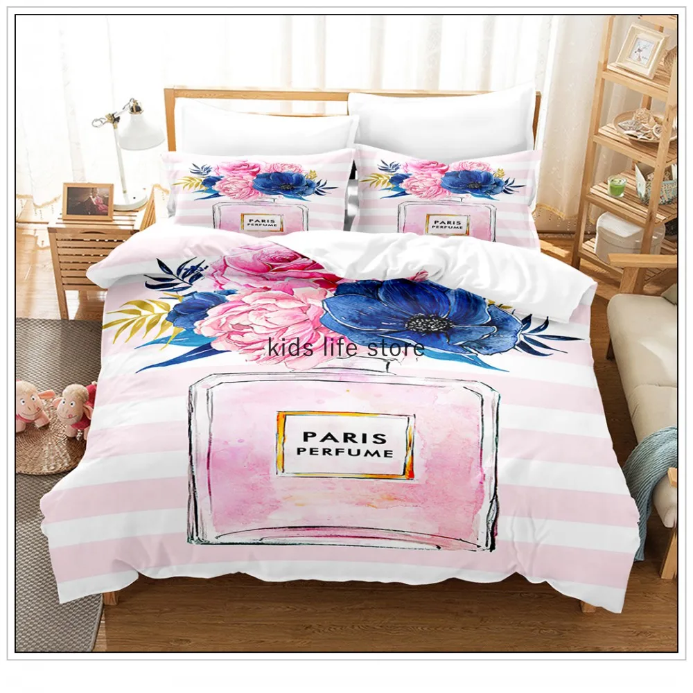 

Fashion Perfume With Logo Bedding Set Flower Pink Duvet Cover Sets 200x200 Comforter Bed Linen Romantic NO Sheet