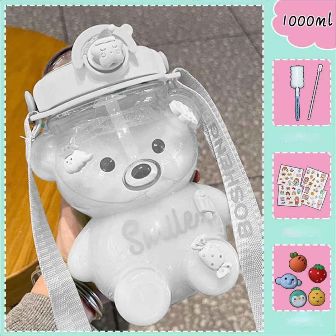 

Summer 1000ML Kawaii Bear Plastic Water Bottle With Straw Large Capacity Milk Cup Girls School Outdoor Drink Water Bottles