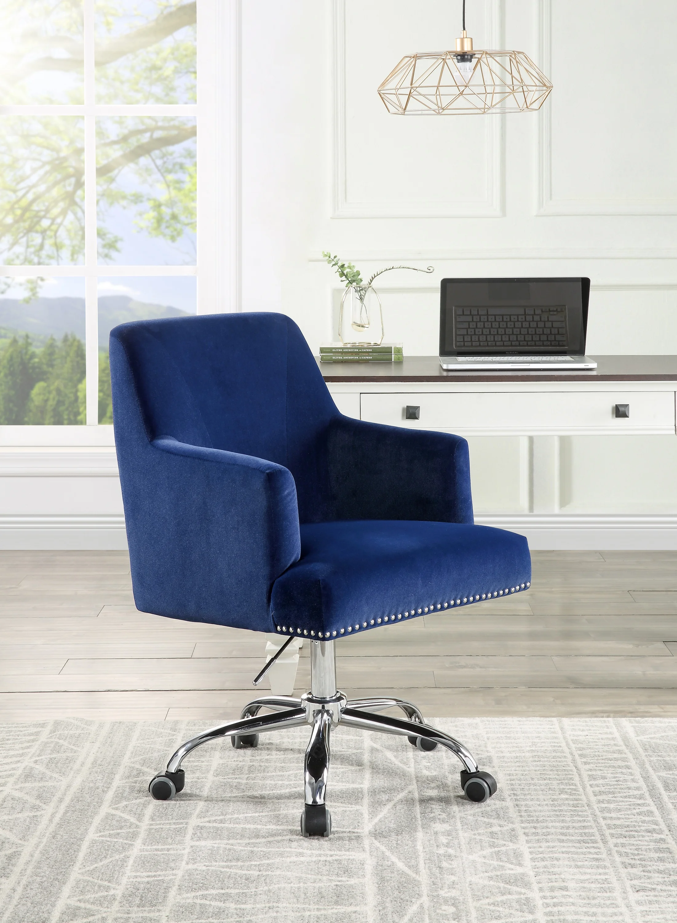 

Office Chair Blue Velvet Chrome Finish Room 360 Degree Swivel Roller Upholstered High Elastic Sponge Leather Fabric Comfortable