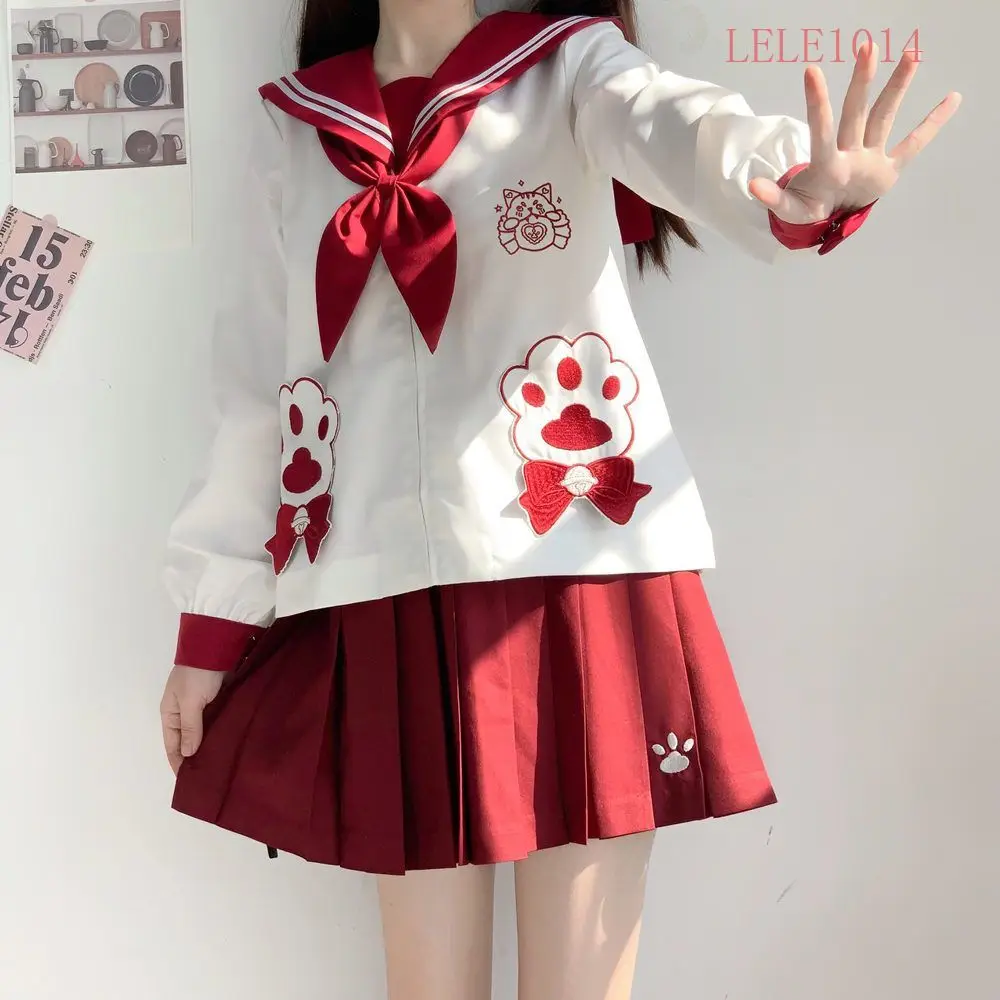 

Autumn New Womens JK Uniform Cute Long Sleeve Sailor Suit Academy Navy Collar Red White Splice Top+Short Skirt Two Piece Set