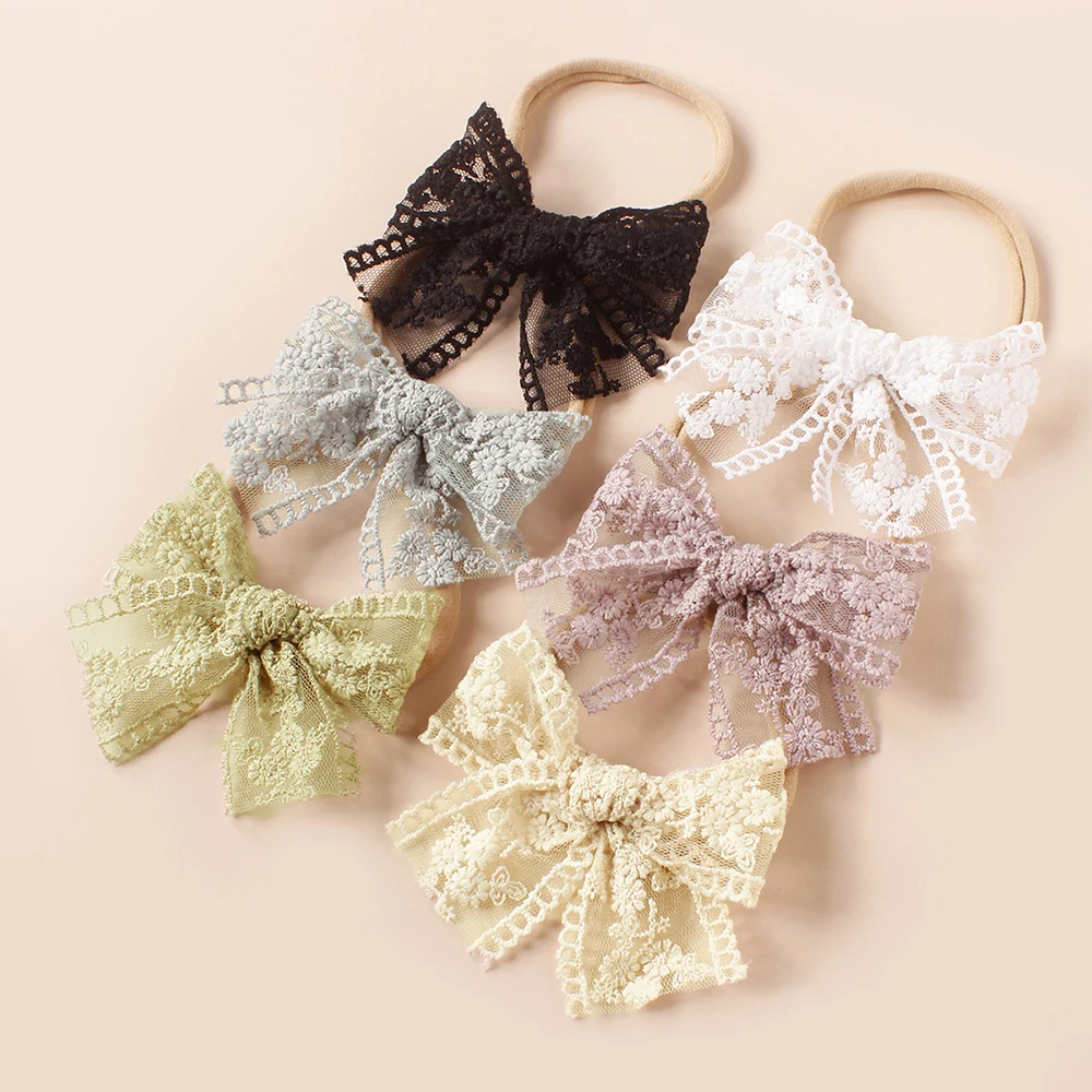 

Newborn Baby Nylon Bow Headband Kids Lace Embroidery Flower Turban Knotted Hairbands Hairband Hair Accessories Elastic Headwrap