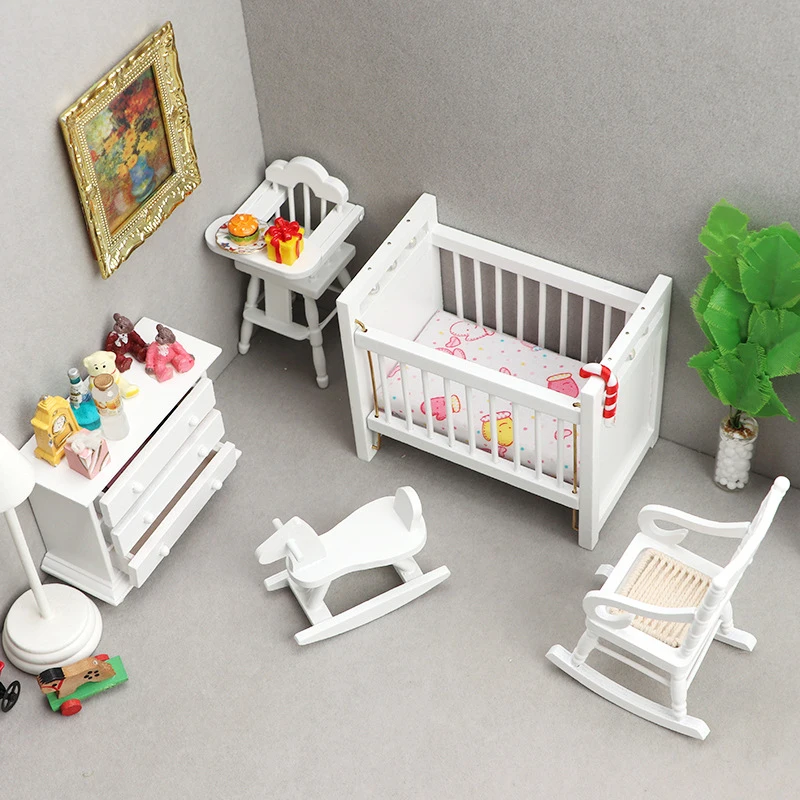 

5Pcs/Set 1:12 Dollhouse Furniture White Baby Cot Dining Chairs Rocking Horse Rocking Chair Cabinet Children's Room Decor Sets