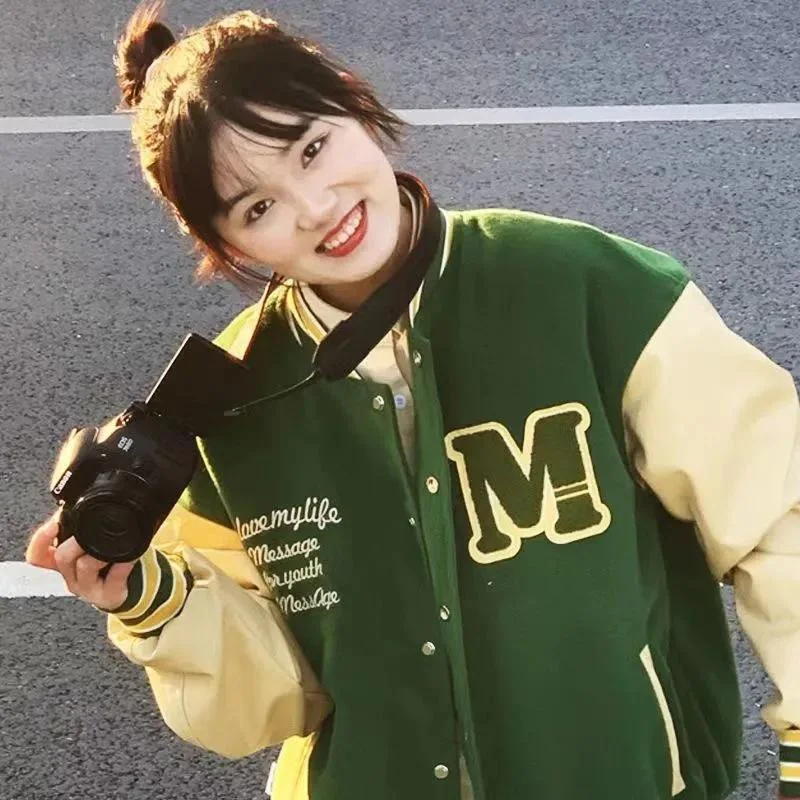 

Deeptown Varsity Jacket Women Oversized Korean Fashion Streetwear Green Baseball Jackets College Vintage Print Aesthetic Loose