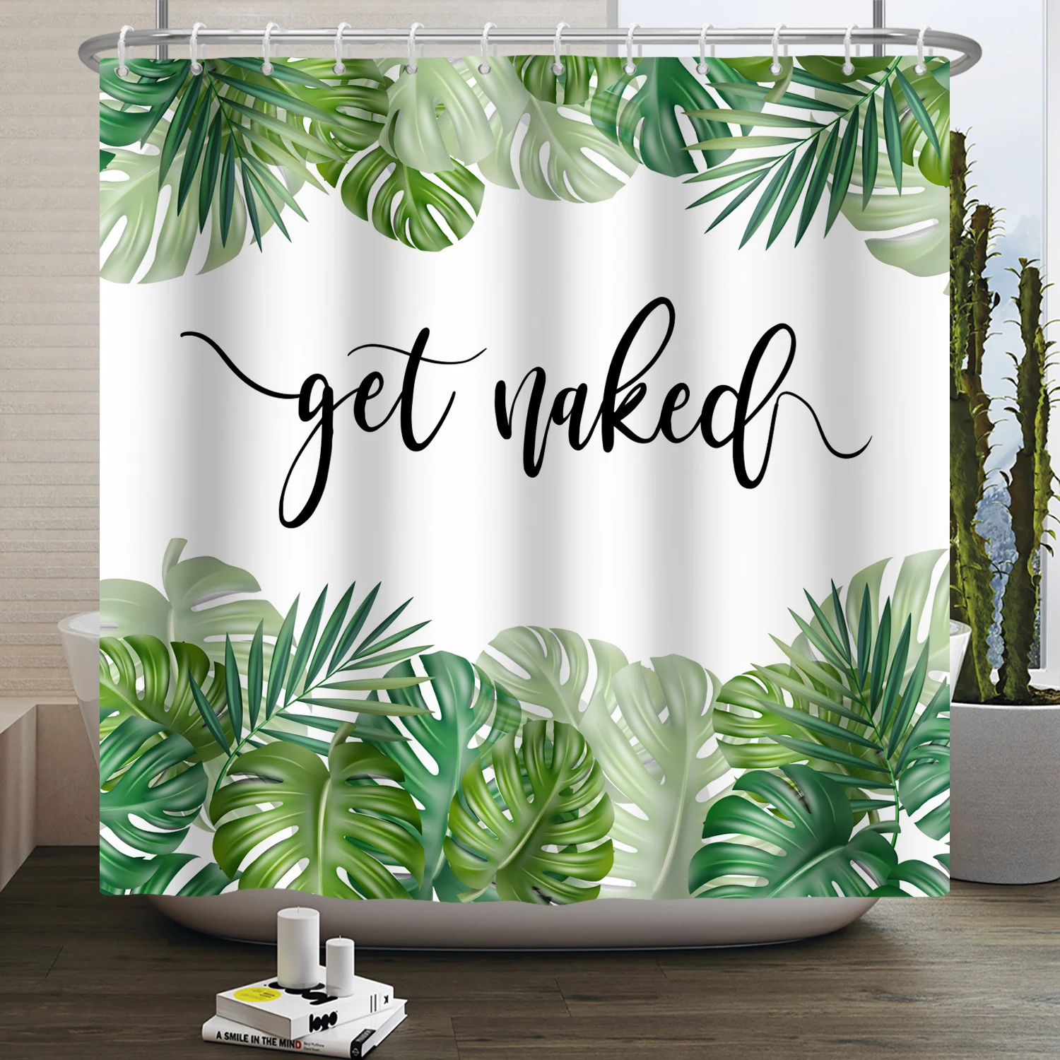 

Tropical Jungle Shower Curtain Palm Tree Plant Green Leaf Forest Landscape Bathroom Wall Decoration Hanging Curtains Hooks Set