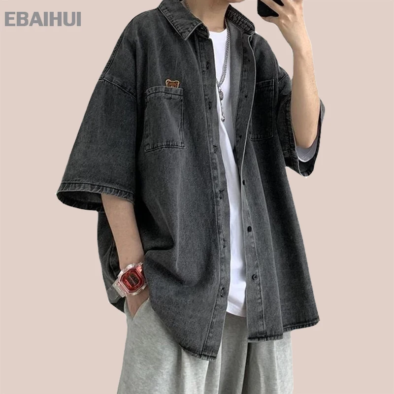 

EBAIHUI Men's Denim Short-sleeved Shirts Bear Embroidery Five-point Sleeve Shirt Coat Loose Casual Tooling Top Ruffian Handsome