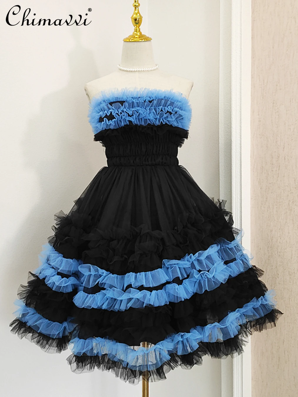 

French Style Elegant Ruffles Waist Slimming Contrast Color Tube Dress 2022 Summer Women Fashion Sexy Patchwork Above Knee Dress