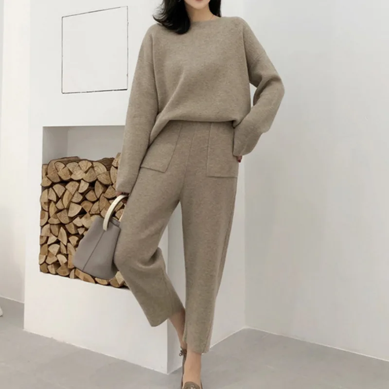 

Casual Sweater Tracksuit O-neck Pullovers & High Waist Pants Women Sweater Sets Knitted Set Autumn Winter Knitted Pieces Set