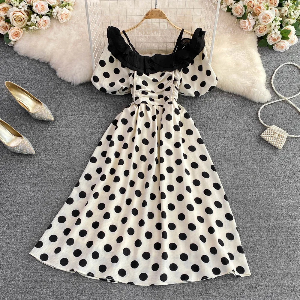 

One-word Neck Off Shoulder Ruffled Suspender Dress Fashionable Waist and Thin Polka-dot A-line Dress Large Swing Dress