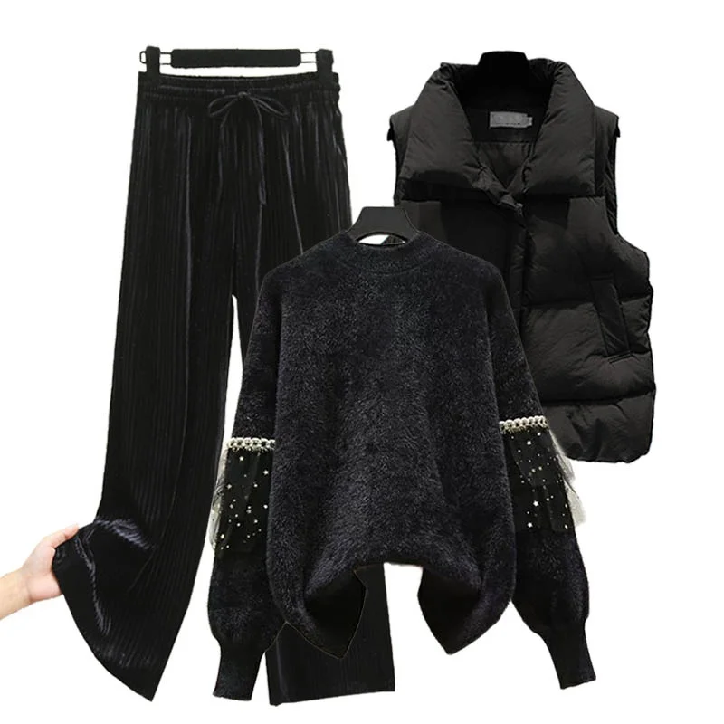 Plus Size 3 Piece Set Women Soft Mink Pullover Sweater + Down Cotton Vest + Velvet Wide Leg Pants Sets Women's Tracksuit Suit