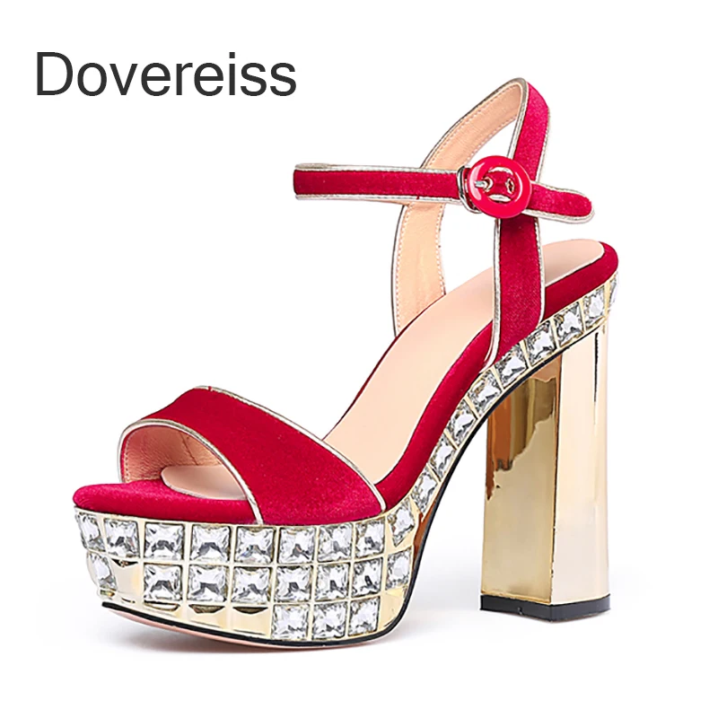 

2022 Summer Women Red Genuine Leather Platform 11cm Block Heels Sandals Thick Heels Waterproof Chunky Heels Ladies Shoes 40