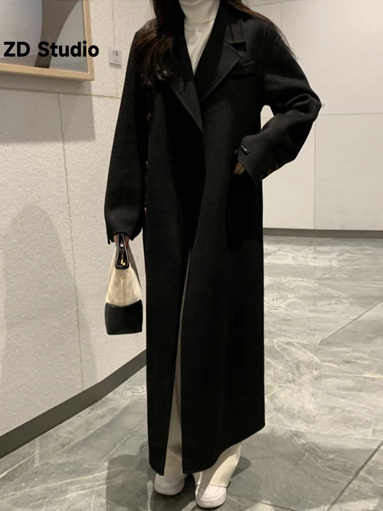 

[ZD Studio] Women Woolen Long Coat Office Lady Solid Color Lapel Single Breasted Clothing Fashion 2023 Autumn Winter New 2AA1290