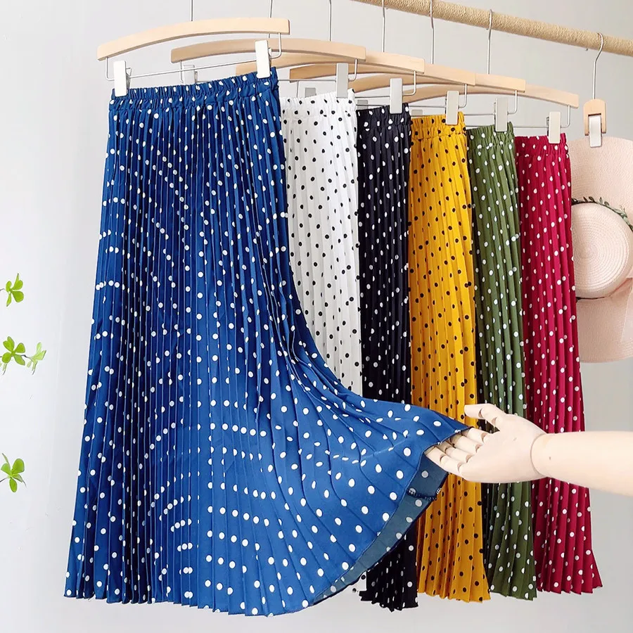 

2022 Women Summer A-Line Chiffon Skirt High Waist Women Dots Print Boho Long Skirt Femme Faldas Jupe Saia
