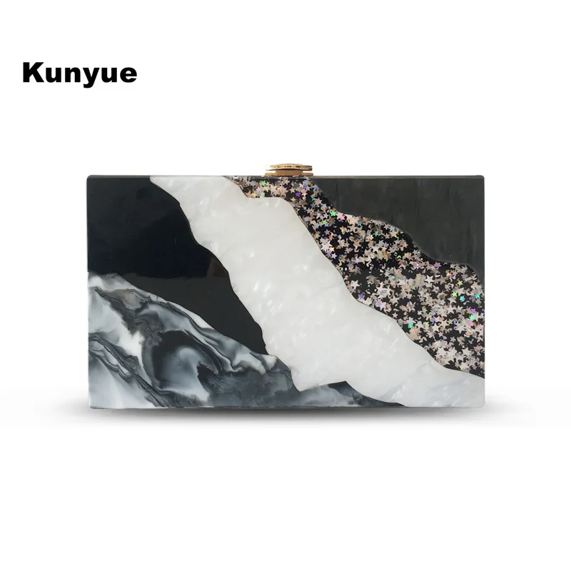 

BlingBling Acrylic Evening Bag Marble Pattern Black White Flap Handbags Casual Patchwork Party Prom Wedding Clutch Purse