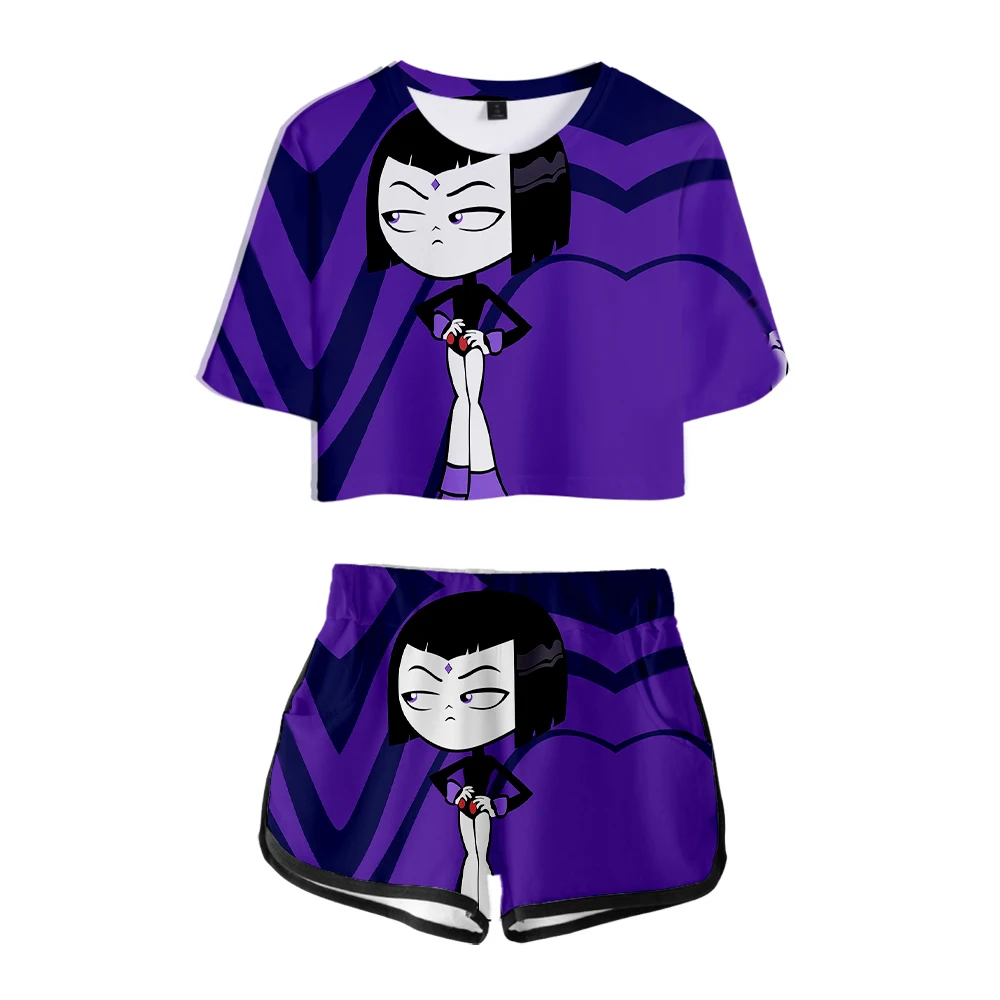 

Hip Hop Dew navel Pretty Girl suits Casual Two Piece Set Anime Teen Titans Go 3D Print Short Sleeve Sexy Shorts+lovely T-shirts