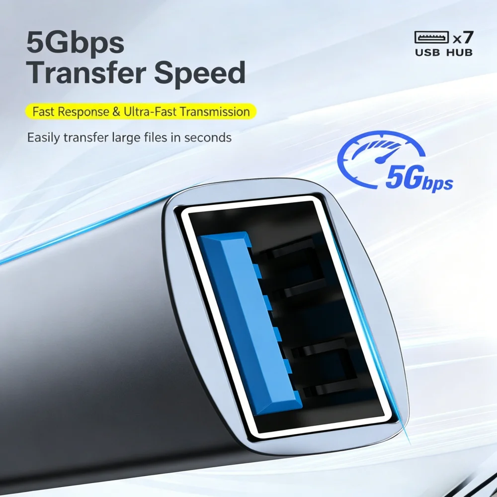 Фото USB-концентратор KEBIDUMEI USB 3.0, 5 Гбит/с, высокоскоростной, 7 портов, USB-C хаб, USB-разветвитель, мульти-удлинитель, OTG-адаптер для ПК, ноутбуков, Macbook Pro №2