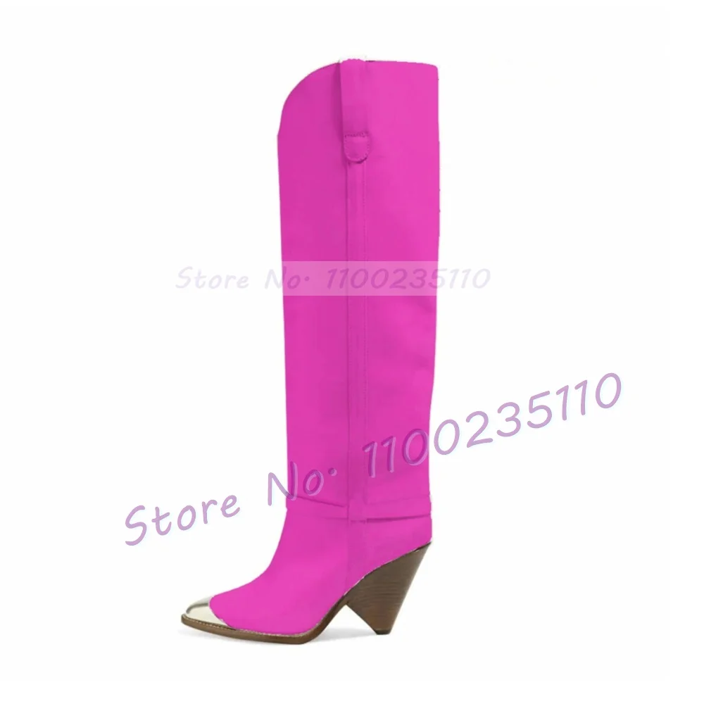 Светло-коричневые сапоги до колена с серебряным металлическим носком женская