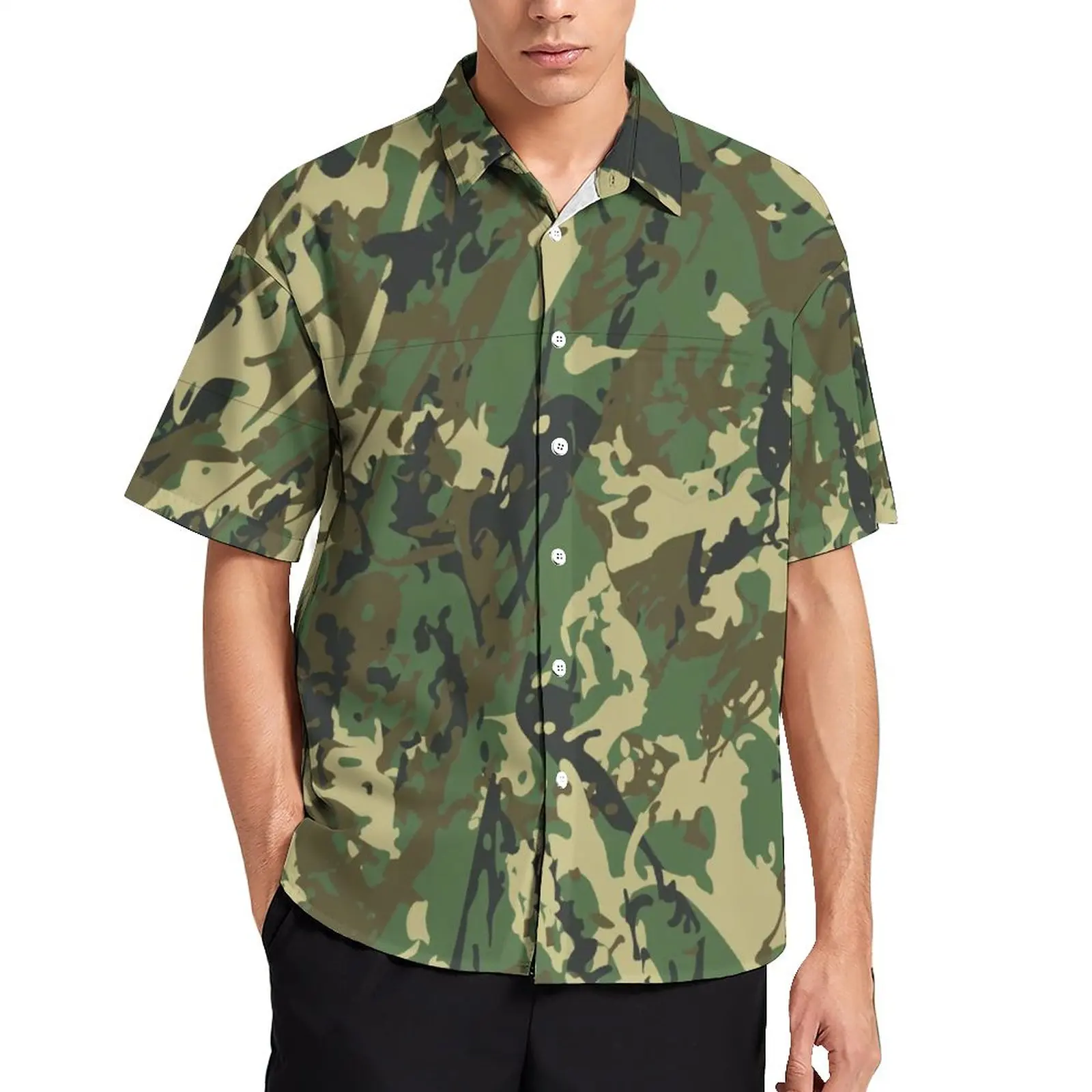 

Cool Military Camo Casual Shirt Camouflage Beach Loose Shirt Hawaiian Vintage Blouses Short-Sleeve Custom Oversize Clothes