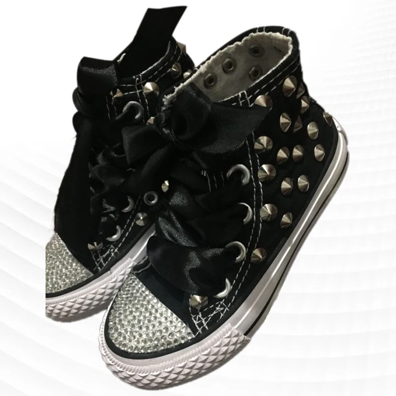 

Rivet high top classic handcrafted custom canvas shoes Punk style casual shoes rhinestone street dance shoes men and women plus