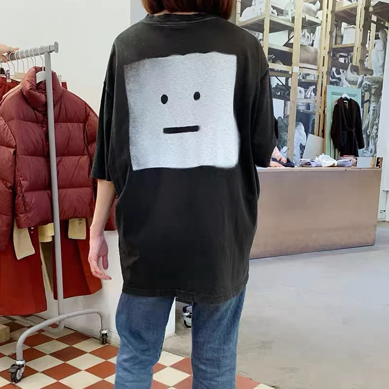 

22ss new acne studios old wash AC ash spray printing smiling face short sleeve heavy industry spray printing pattern T-shirt