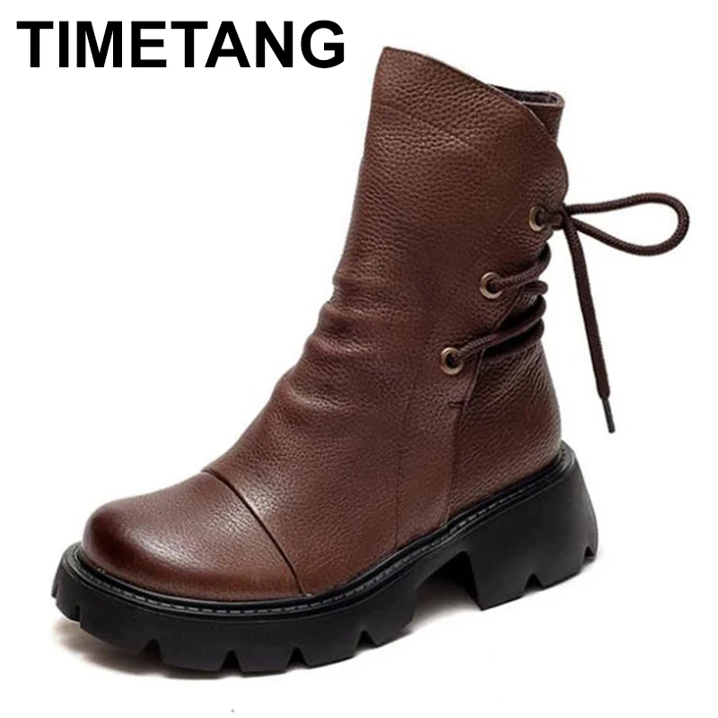 

5cm Vintage Platform Wedge Genuine Leather Spring Autumn Winter Mid Calf Boots Fashion Woman Zipper Plush Keep Warm Shoes