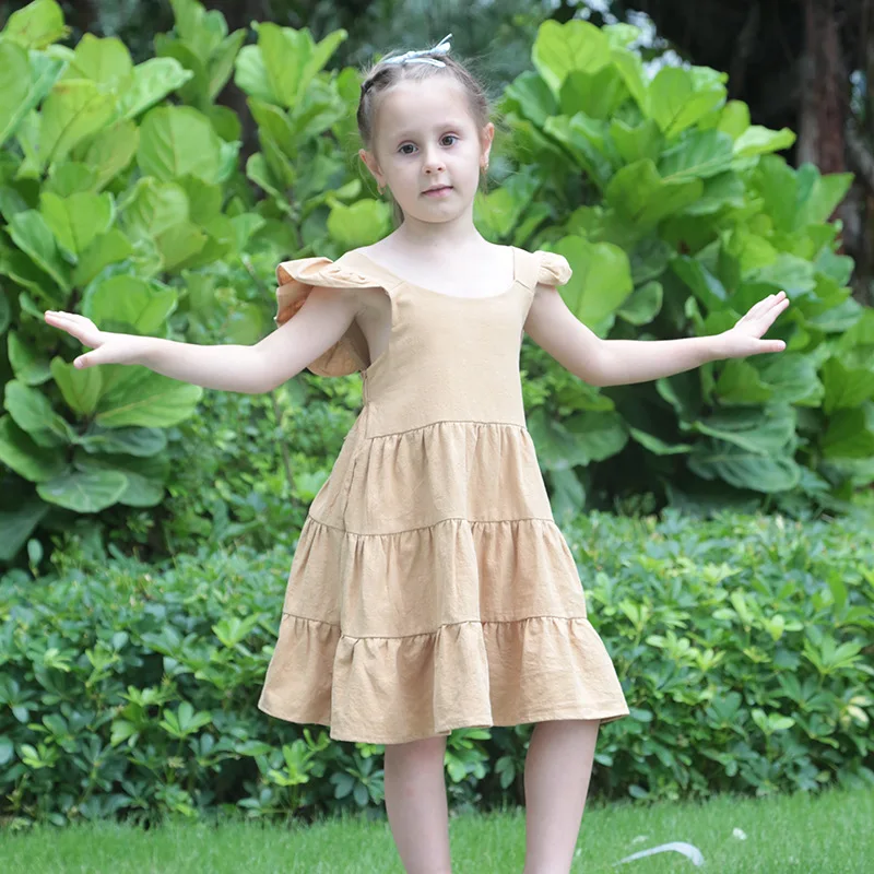 

2023 Girls Dresses 1 Year Summer Linen Dress Solid Flutter Sleeve Layered Backless Princess Sweet Cute Kids Clothes Children