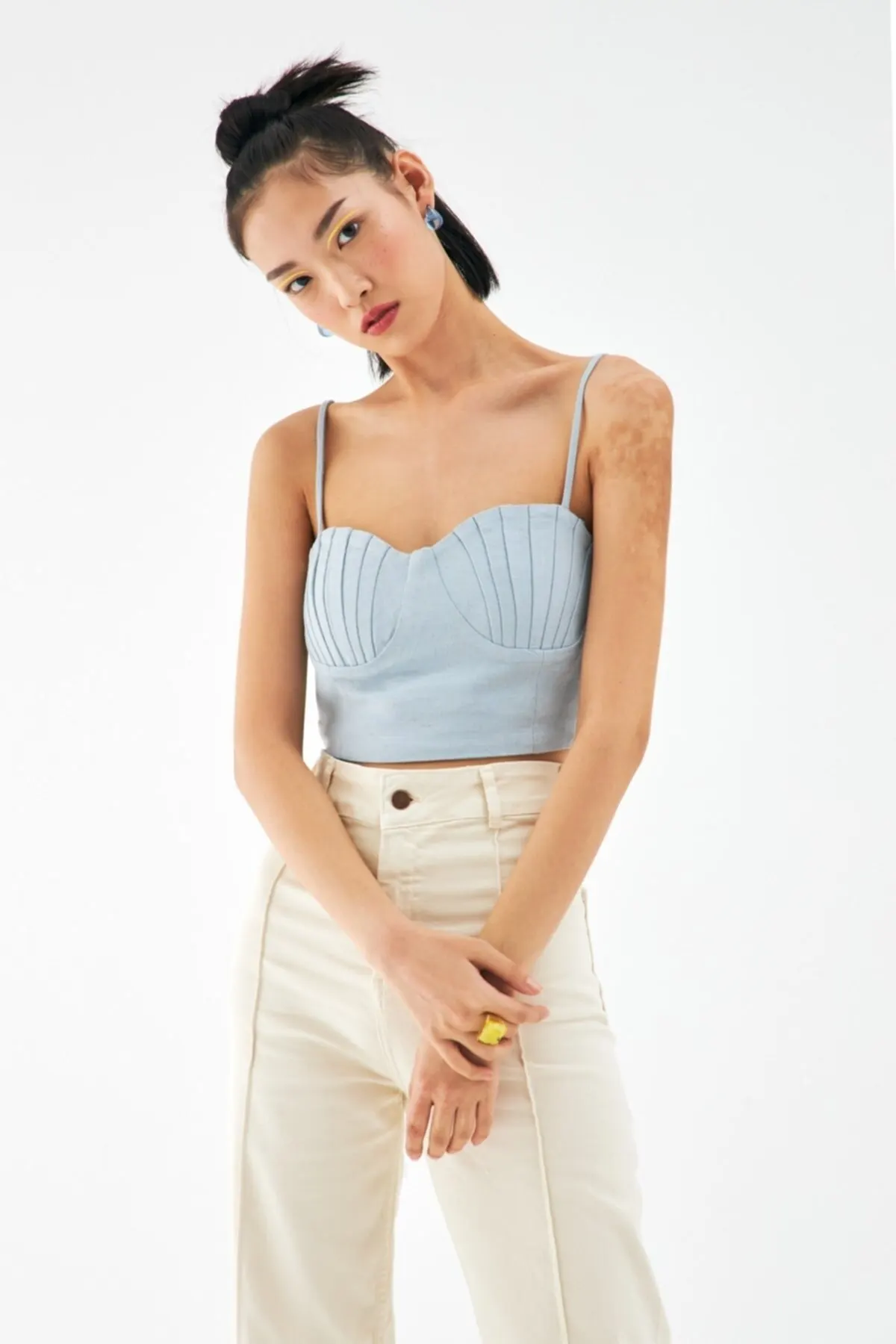 

Women's Summer Crop Top Blouse Linen Chest Detailed Crop Blouse Blue Casual Tank Top Vest Blouse