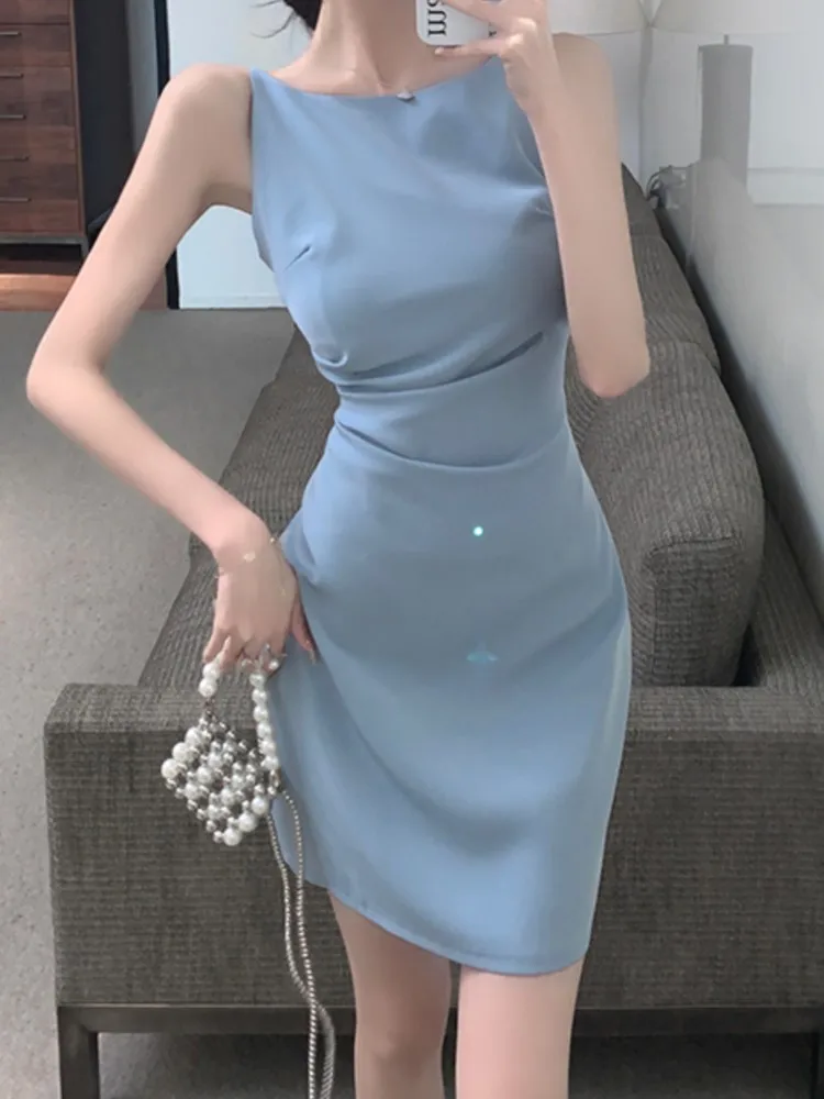 

Summer Elegant Sleeveless Spaghetti Strap Women Dresses Vintage O-Neck Bodycon Party Vestidos Office Lady Workwear