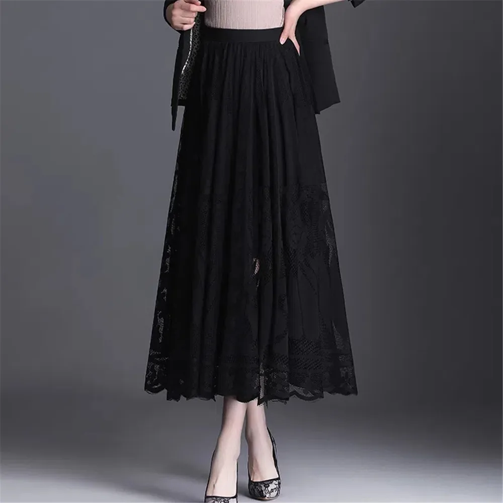 

Vintage Black Lace Ruffles Tulle Skirt Women New A-Line Long Skirt Office Ladies Big Swing Gauze Hollow Pleated Skirt