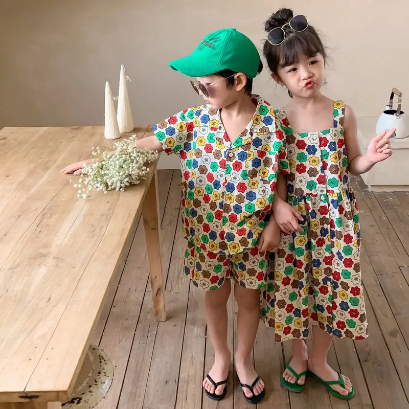 

2022 Summer New Baby Short Sleeve Clothes Set Boys Casual Clothing Suit Cute Flower Print Girls Dress Casual Children 2pcs Suit