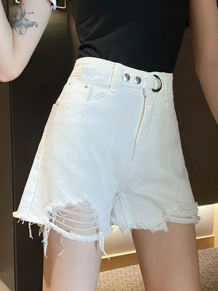 Streetwear Women High Waist Wide Leg Hole Frayed Denim Shorts Spring Summer Female Button Loose Jeans Shorts Bottoms