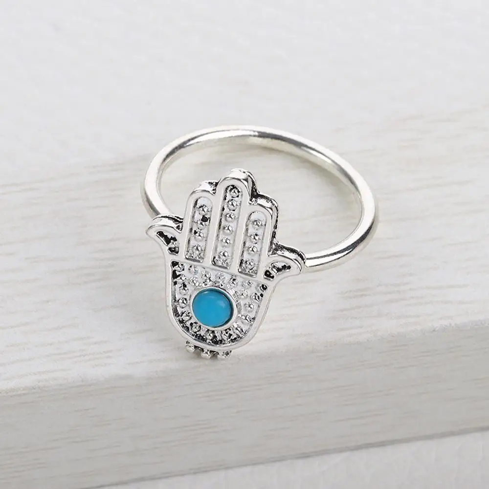

Boho New Charm Lucky Finger Hand of Fatima Blue Eye Retro Blue Bead Jewelry Ethnic Hamsa Ring