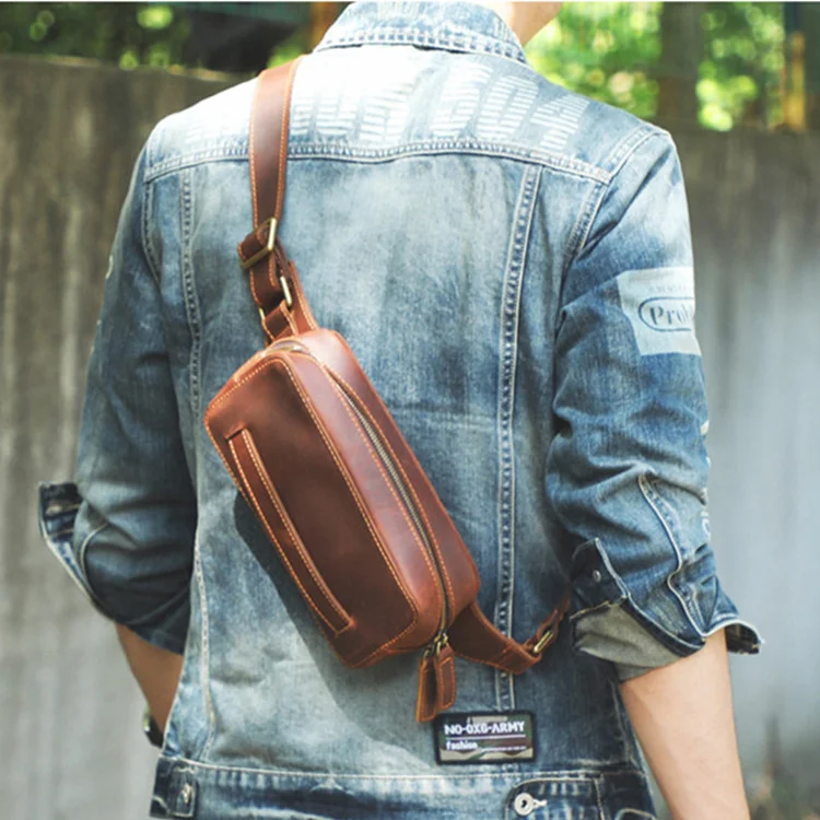 Vintage natural crazy horse cowhide men's chest bag fashion high-quality genuine leather daily sports party small shoulder bag