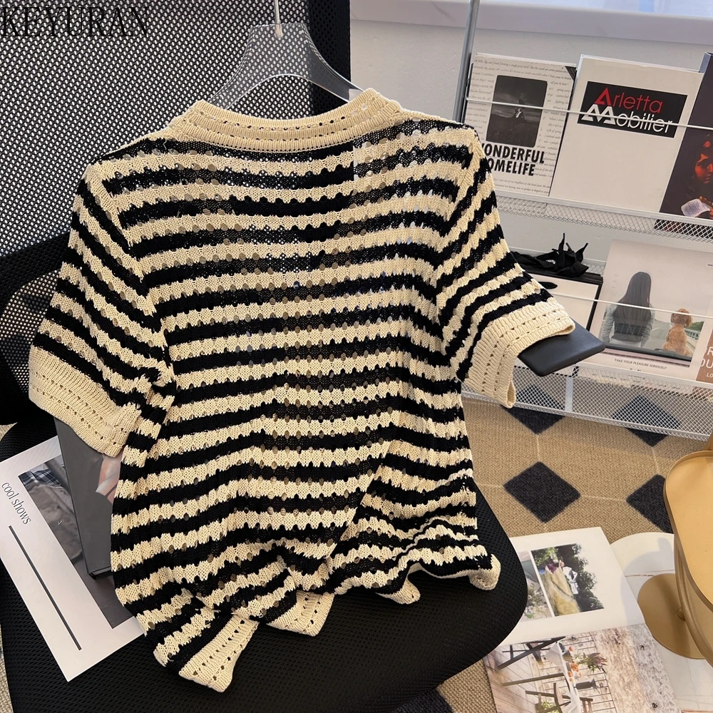 Ice Silk Striped Cardigan Women Elegant 