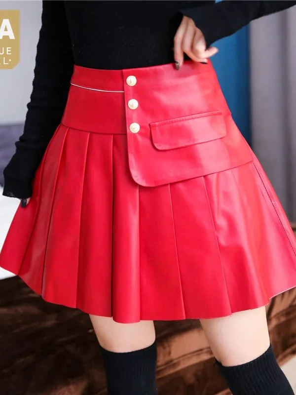 

Женская плиссированная мини-юбка из натуральной овечьей кожи, с высокой талией